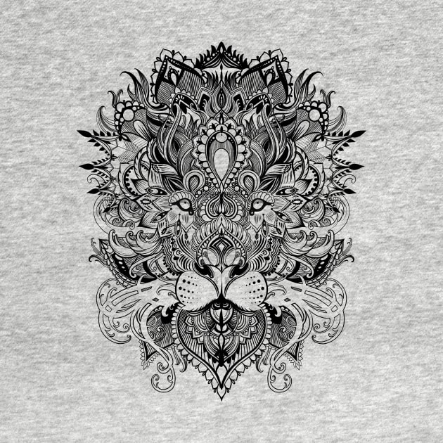 Black and white lion mandala pattern line art drawing by Saraknid